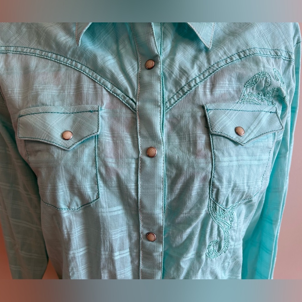 Wrangler 100% Cotton Light Blue Western Style Plaid Shirt - Picture 4 of 13
